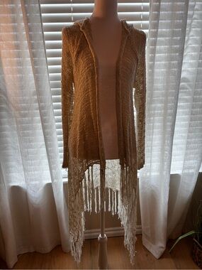 Lightweight Cream colored Open-Front Fringe Knit Cardigan Sweater with Hood.